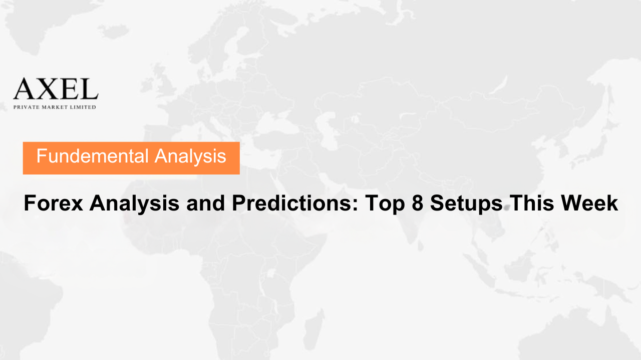 Title slide from AXEL Private Market Limited featuring the headline “Forex Analysis and Predictions: Top 8 Setups This Week” under the tag "Fundemental Analysis."